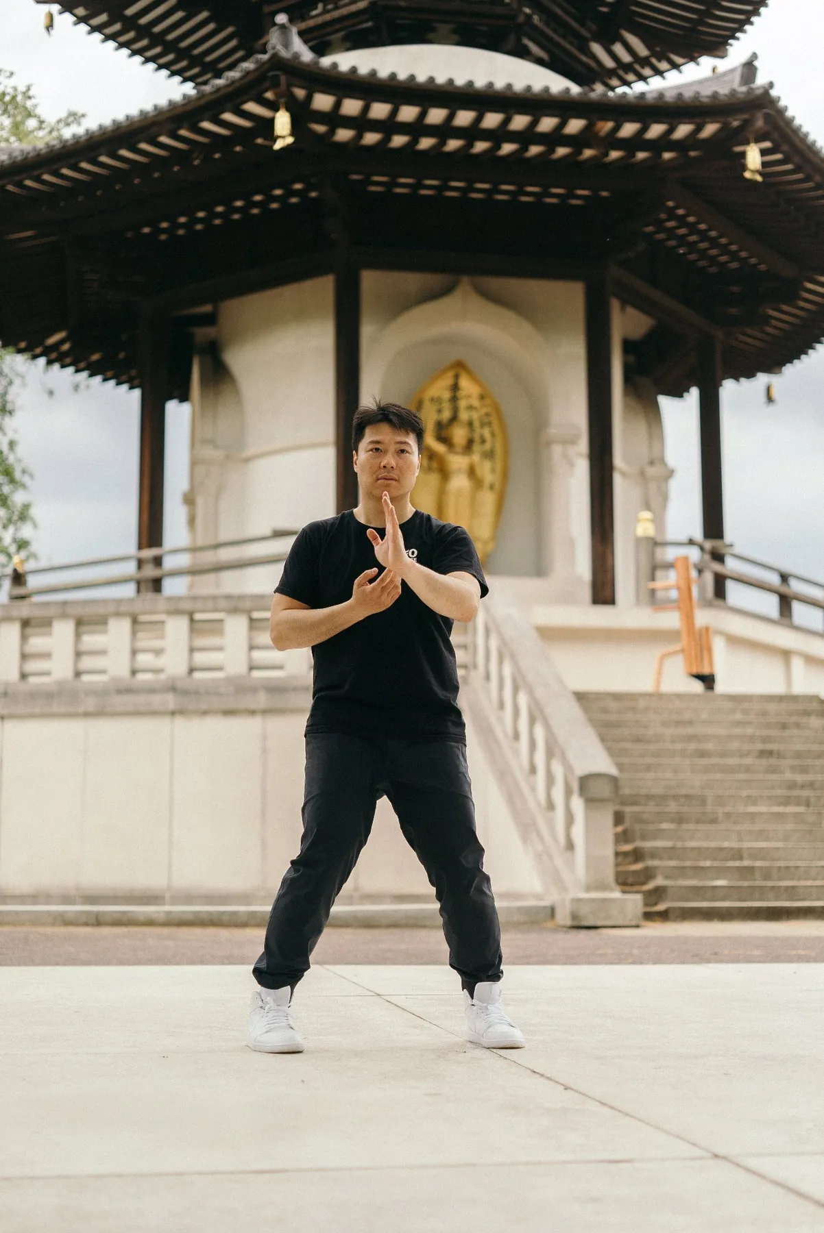 Master Leo Au-Yeung in a full-body Wing Chun stance at the Peace Pagoda in Battersea Park, London