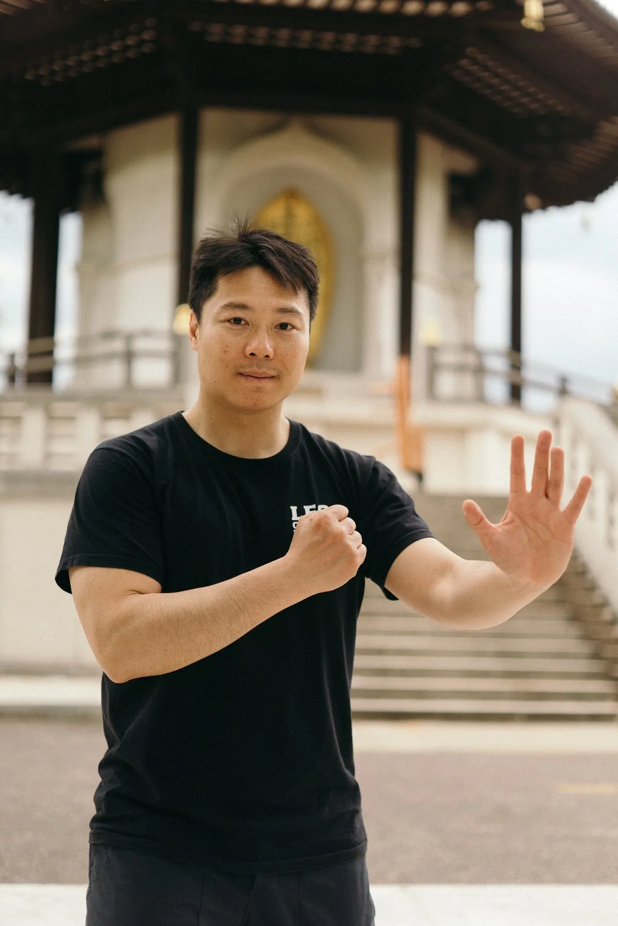Master Leo Au-Yeung in a Wing Chun guard at the Peace Pagoda in Battersea Park, London