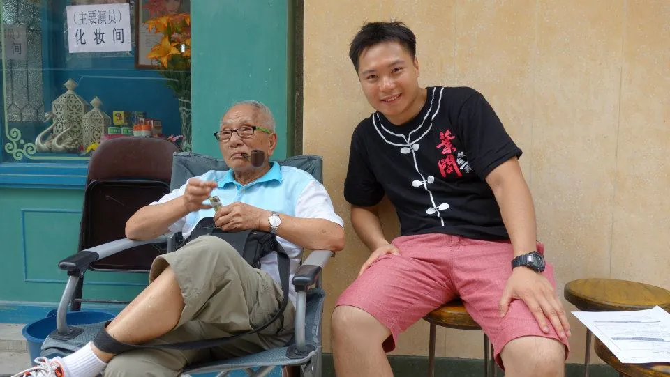 Grandmaster Ip Chun with Master Leo Au-Yeung on the set of Ip Man: The Final Fight